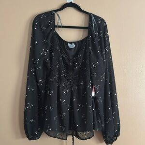 NWT Arula Black Floral Long Sleeve Smocked Blouse Shirt Size C 3X